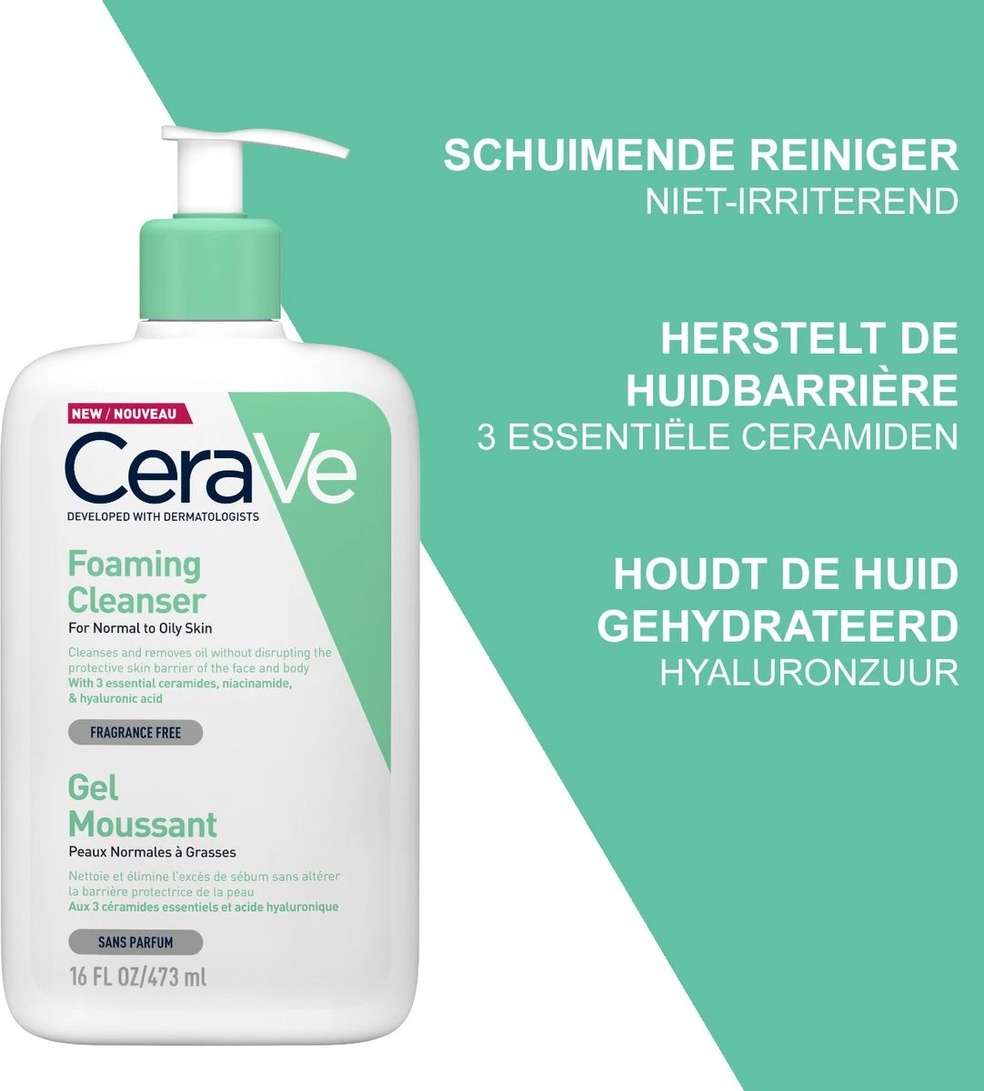 CeraVe - Foaming Cleanser - Reinigingsgel - Normale Tot Vette Huid - 473 Ml 2 CeraVe - Foaming Cleanser - Reinigingsgel - Normale Tot Vette Huid - 473 Ml - Afbeelding 2