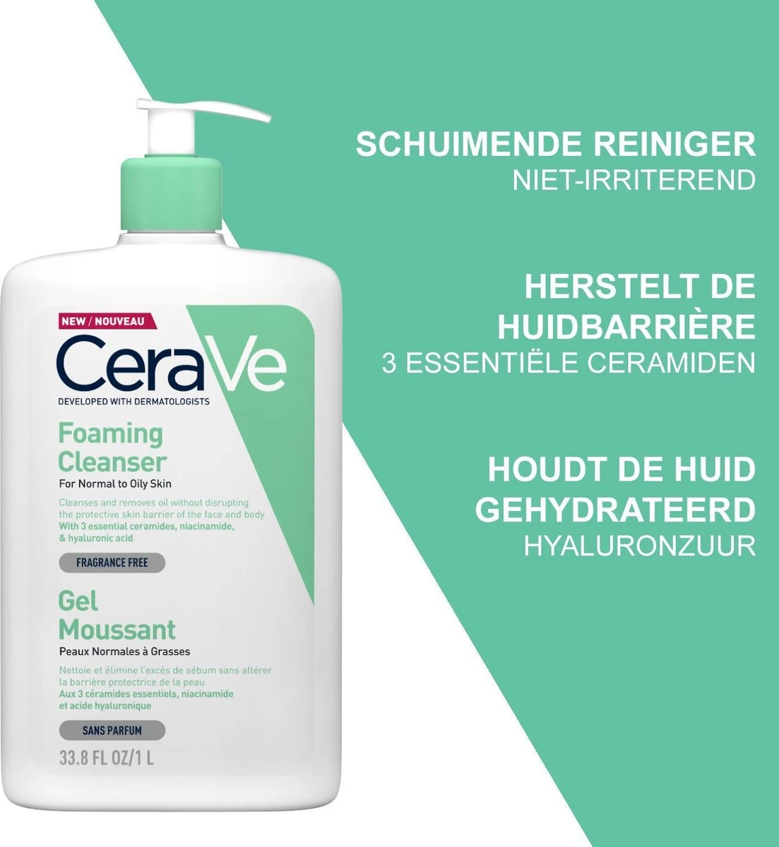 CeraVe - Foaming Cleanser - Reinigingsgel - Normale Tot Vette Huid - 1000 Ml 2 CeraVe - Foaming Cleanser - Reinigingsgel - Normale Tot Vette Huid - 1000 Ml - Afbeelding 2