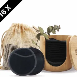 Bamboozy 16 Zwarte Herbruikbare Wattenschijfjes + Bamboe Houder 12x Dagelijks 4x Scrub 4 Laags Wasbare Wattenschijfjes Zero Waste