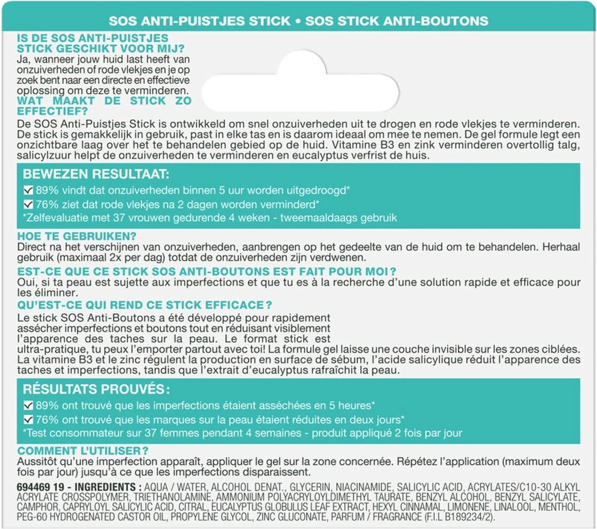 Garnier Skinactive Face SOS Anti-Puistjes Stick - 10 Ml - Tegen Puistjes, Onzuiverheden En Rode Vlekjes 4 Garnier Skinactive Face SOS Anti-Puistjes Stick - 10 Ml - Tegen Puistjes, Onzuiverheden En Rode Vlekjes - Afbeelding 4