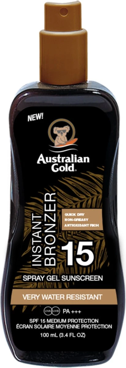 Australian Gold SPF15 Zonnebrand Spray Gel + Bronzer 100ml 1 Australian Gold SPF15 Zonnebrand Spray Gel + Bronzer 100ml