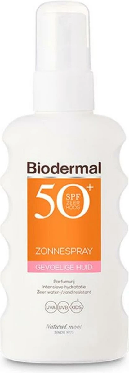 Biodermal Zonnebrand Spray Voor De Gevoelige Huid SPF 50+ - Zonnespray - Ook Geschikt Voor Kinderen - 175ml 1 Biodermal Zonnebrand Spray Voor De Gevoelige Huid SPF 50+ - Zonnespray - Ook Geschikt Voor Kinderen - 175ml