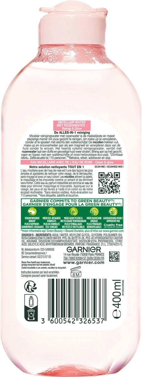 Garnier Skinactive Micellair Reinigingswater Met Rozenwater - 400 Ml 2 Garnier Skinactive Micellair Reinigingswater Met Rozenwater - 400 Ml - Afbeelding 2