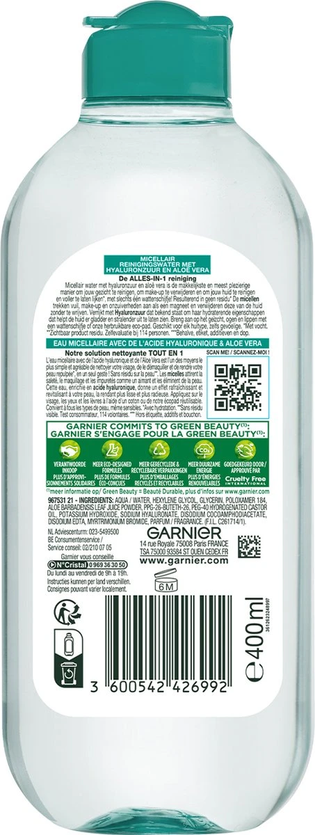 Garnier SkinActive Micellair Reinigingswater Met Hyaluronzuur & Aloë Vera - 6 X 400ml 2 Garnier SkinActive Micellair Reinigingswater Met Hyaluronzuur & Aloë Vera - 6 X 400ml - Afbeelding 2