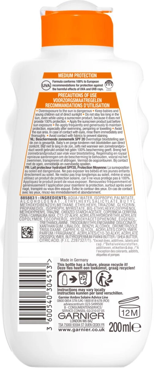 Garnier Ambre Solaire Hydraterende Zonnebrandmelk SPF 20 - 200 Ml 2 Garnier Ambre Solaire Hydraterende Zonnebrandmelk SPF 20 - 200 Ml - Afbeelding 2