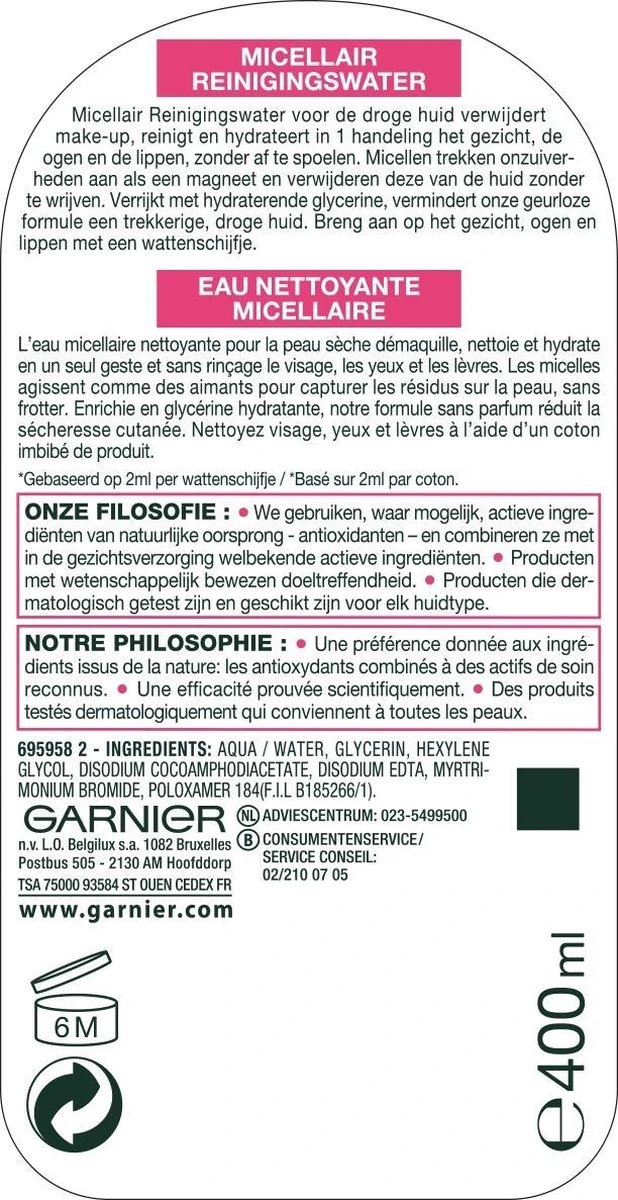 Garnier SkinActive - Micellair Reinigingswater Voor De Droge Huid - 3 X 400 Ml - Micellair Water Voordeelverpakking 3 Garnier SkinActive - Micellair Reinigingswater Voor De Droge Huid - 3 X 400 Ml - Micellair Water Voordeelverpakking - Afbeelding 3