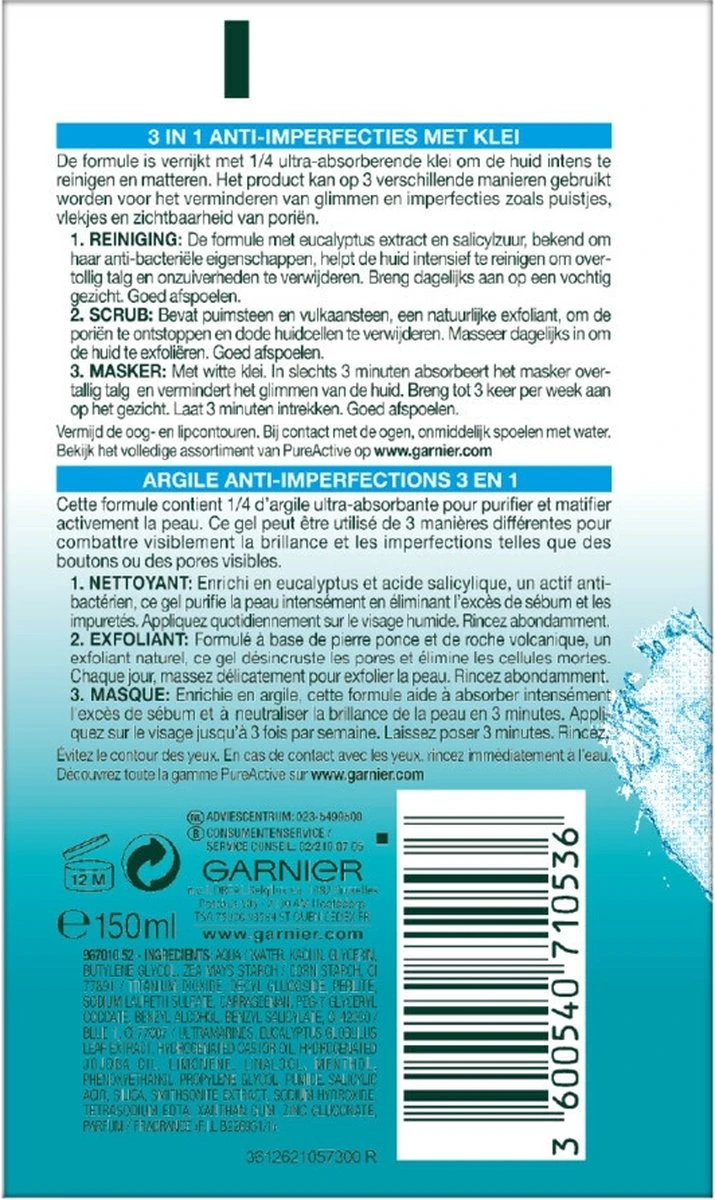 Garnier Skinactive Face PureActive 3-in-1 - 150ml - Reiniging Scrub Masker 2 Garnier Skinactive Face PureActive 3-in-1 - 150ml - Reiniging Scrub Masker - Afbeelding 2